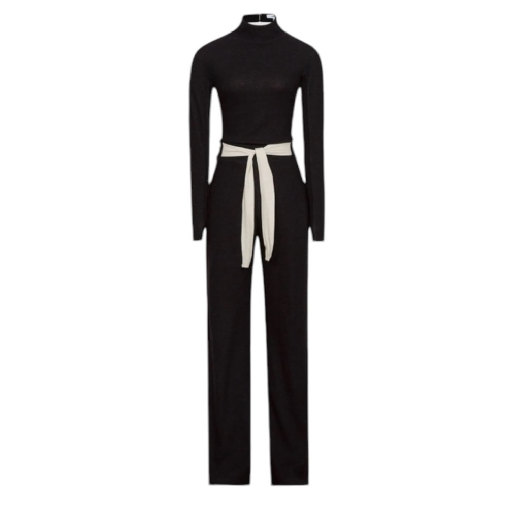 Reiss Ada Open Back Knit Jumpsuit 12 Mock Neck Tie Waist Bow Black - Picture 3 of 12